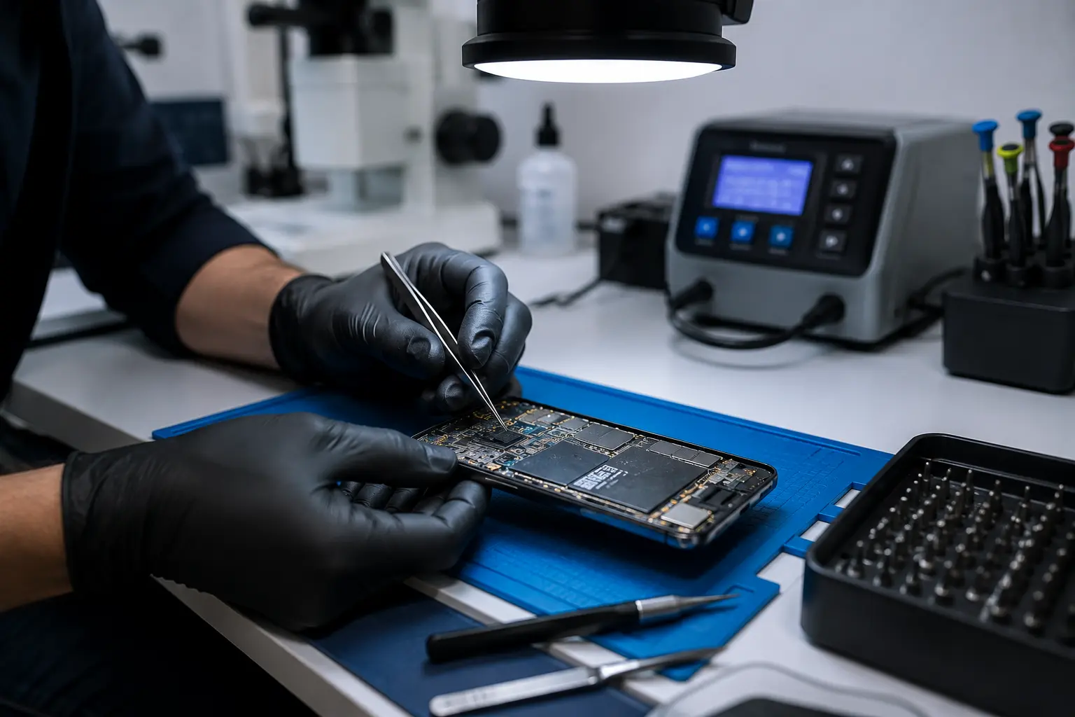Análise técnica de dispositivo eletrônico sob luz de laboratório forense