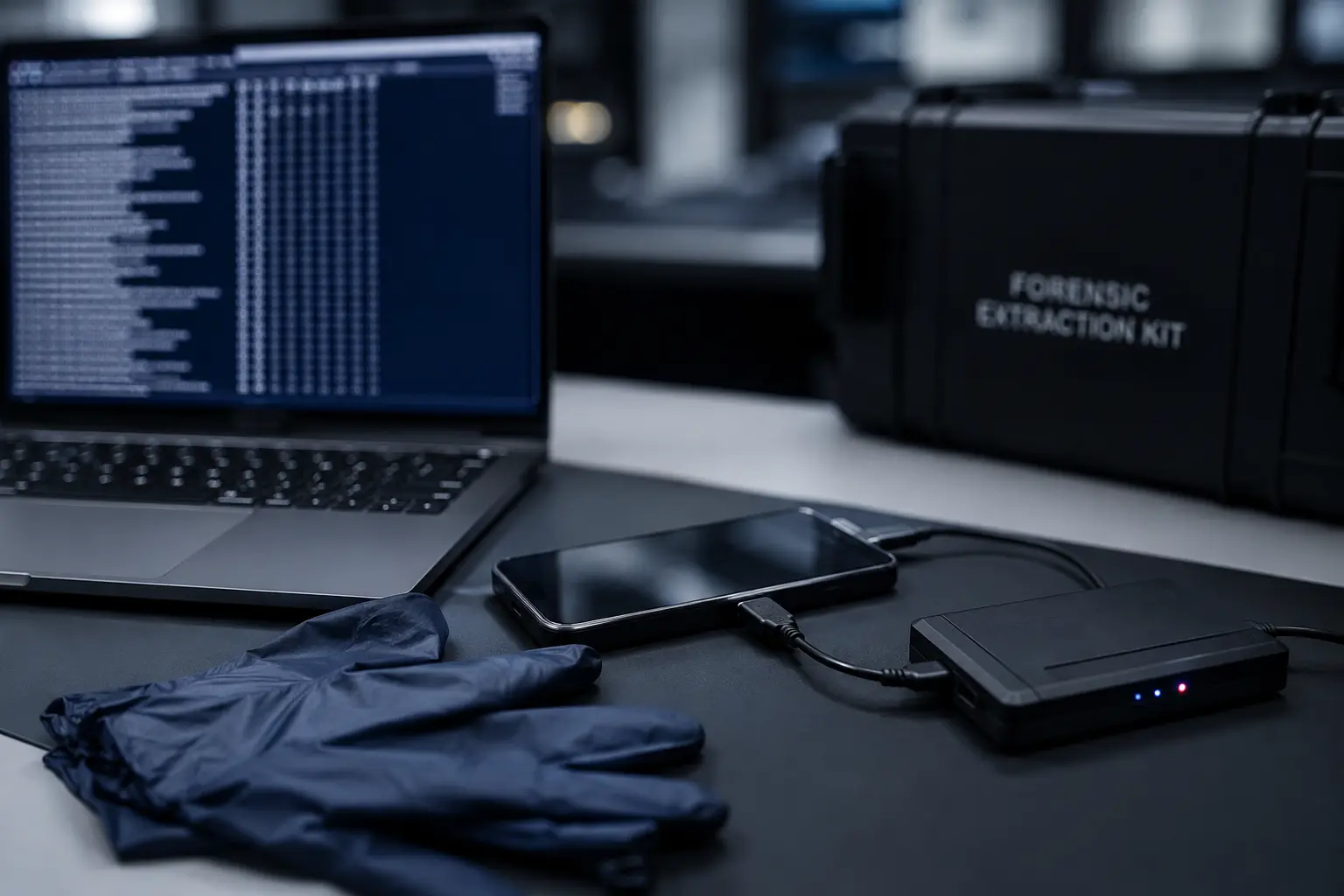Mesa de trabalho forense com notebook, smartphone conectado a cabo de extração e luvas de procedimento
